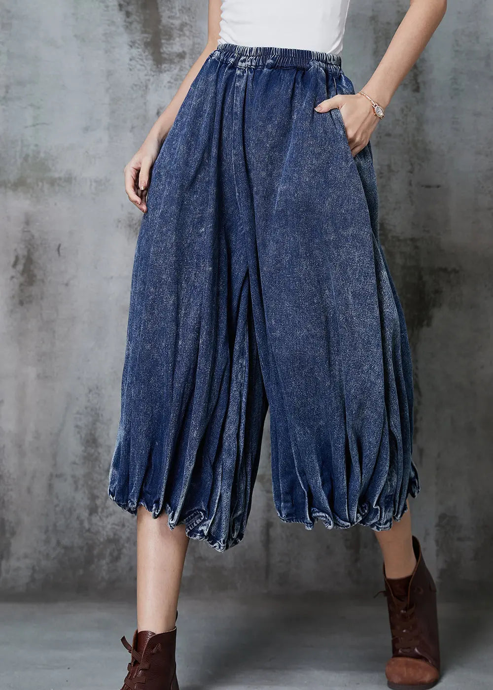 Casual Blue Oversized Wrinkled Denim Wide Leg Pants Spring Ada Fashion