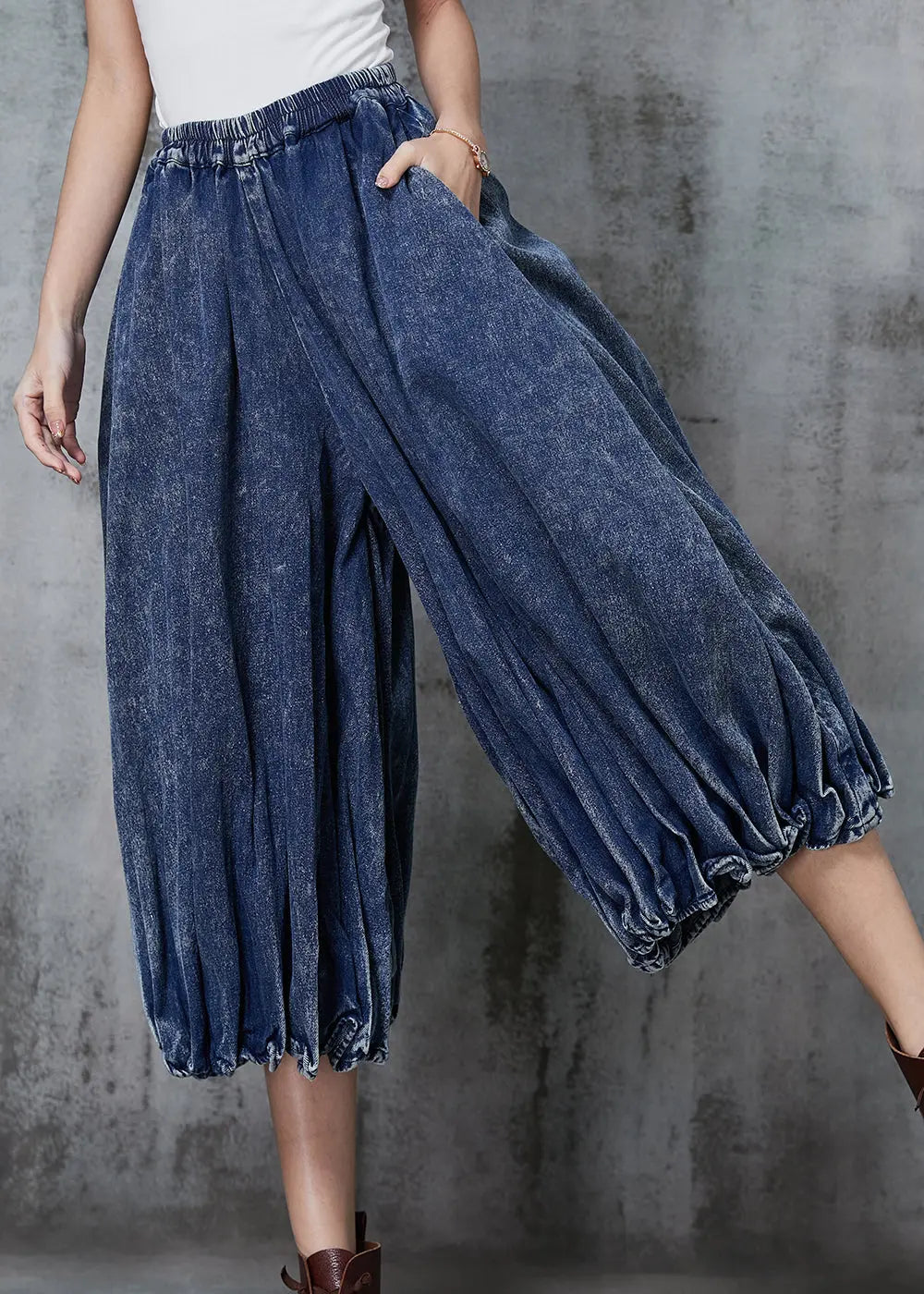 Casual Blue Oversized Wrinkled Denim Wide Leg Pants Spring Ada Fashion