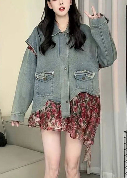 Casual Blue Peter Pan Collar Asymmetrical Print Print Denim Coat Spring RP023