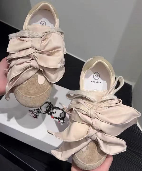 Chaussures plates décontractées en daim pour femmes, avec nœud abricot