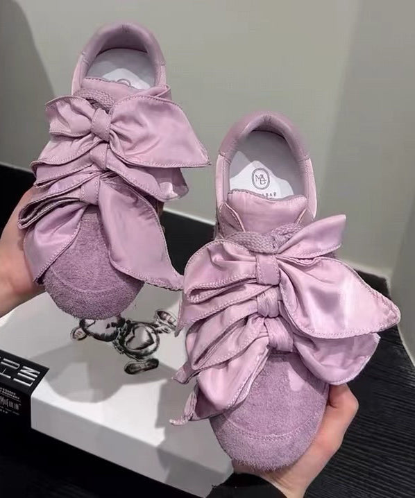 Chaussures plates décontractées en daim avec nœud pour femme, couleur abricot