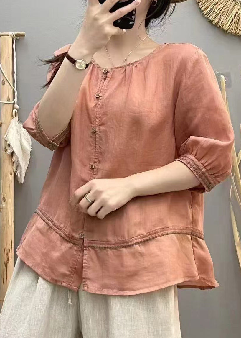 Bluse Baumwolle Bestickt Ziegel Tops Patchwork Rot Casual Sommer