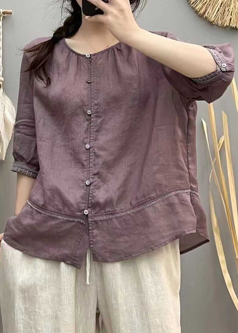 Bluse Baumwolle Bestickt Ziegel Tops Patchwork Rot Casual Sommer