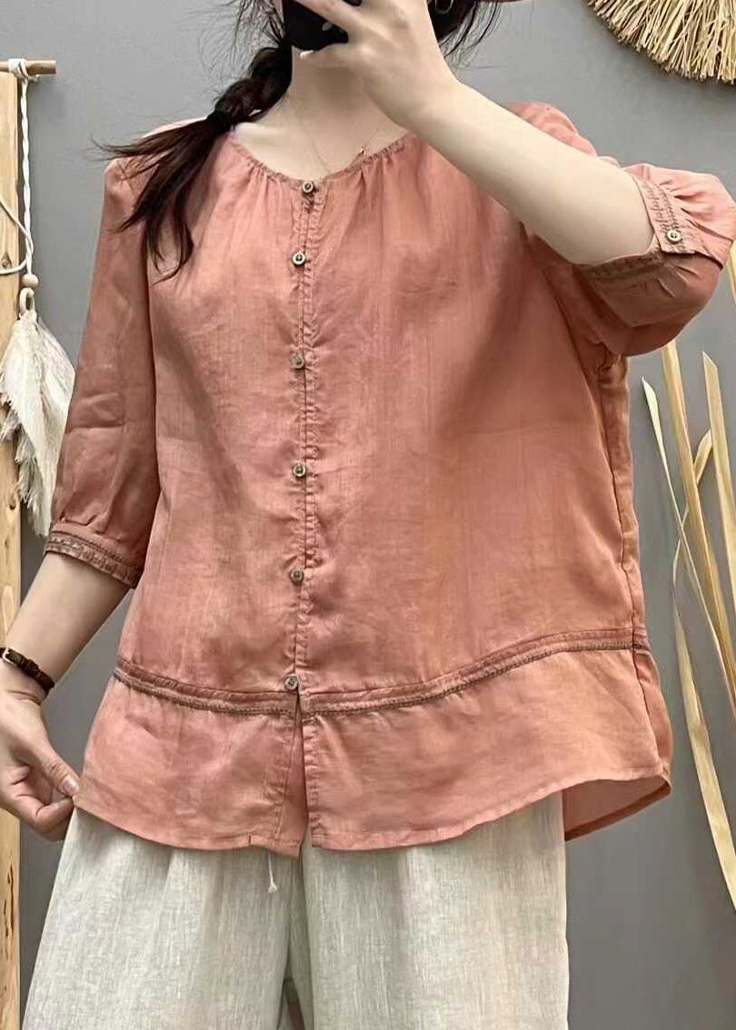 Bluse Baumwolle Bestickt Ziegel Tops Patchwork Rot Casual Sommer