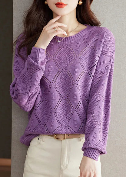 Casual Brick Red O Neck Hollow Out Knitted Tops Fall QI030