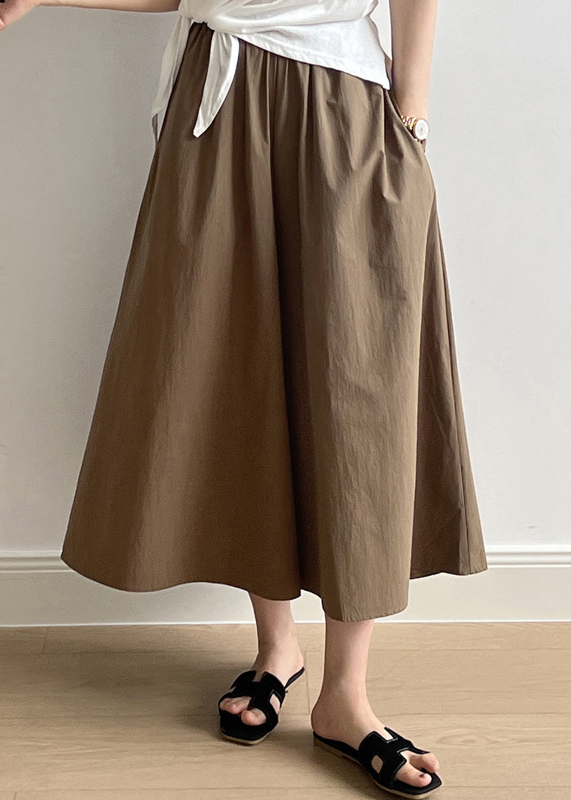 Casual Brown Pockets Elastic Waist Cotton Crop Wide Leg Pants Summer QB003