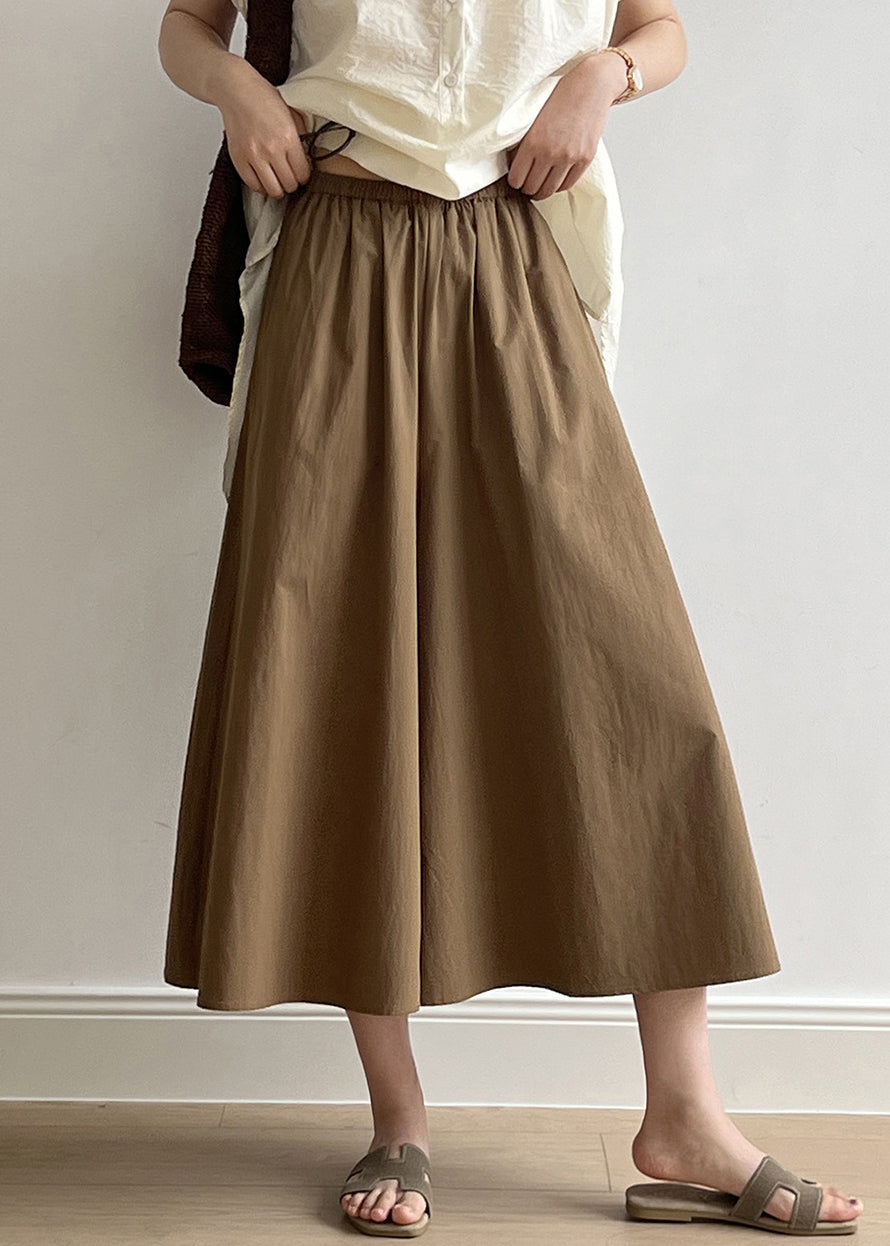 Casual Brown Pockets Elastic Waist Cotton Crop Wide Leg Pants Summer QB003