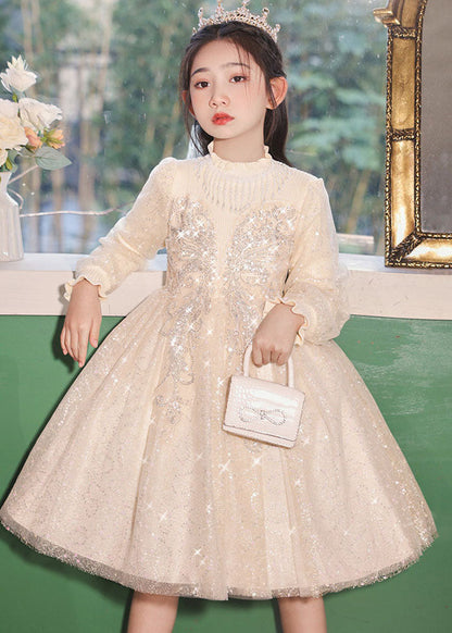 Casual Champagne Stand Collar Nail Bead Tulle Kids Long Dress Fall QV020