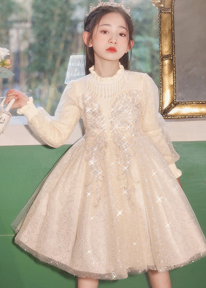 Casual Champagne Stand Collar Nail Bead Tulle Kids Long Dress Fall QV020