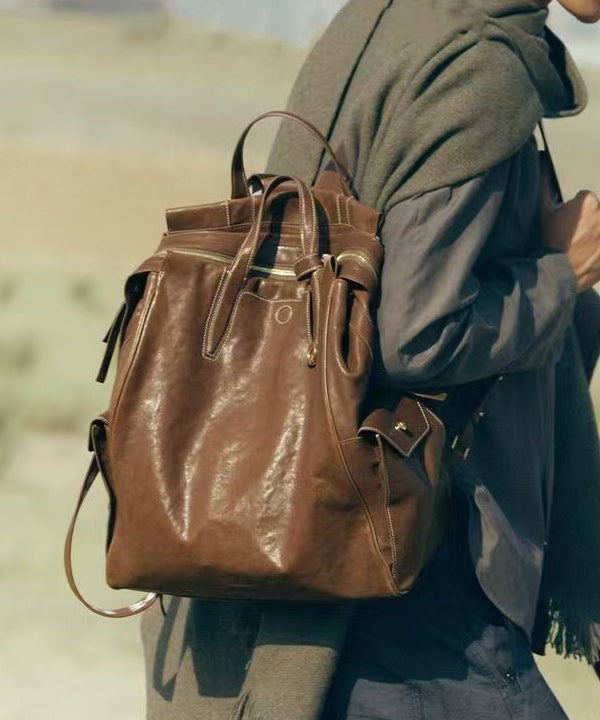 Oversize Casual Leather Solid Bag Backpack Chocolate Durable