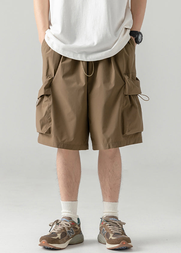 Coffee Cotton Men Pockets Summer Casual Shorts Drawstring