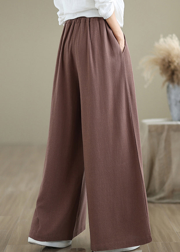 Casual Coffee Pockets Drawstring Cotton Wide Leg Pants Fall QO044