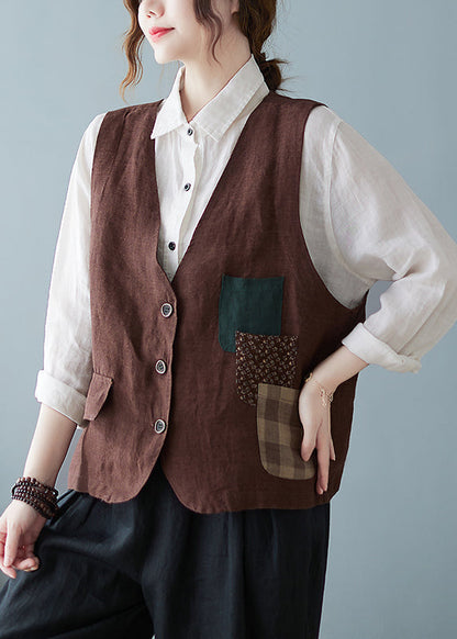 Casual Coffee V Neck Pockets Button Cotton Vest Tops Sleeveless OO010