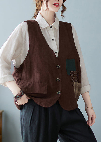 Casual Coffee V Neck Pockets Button Cotton Vest Tops Sleeveless OO010