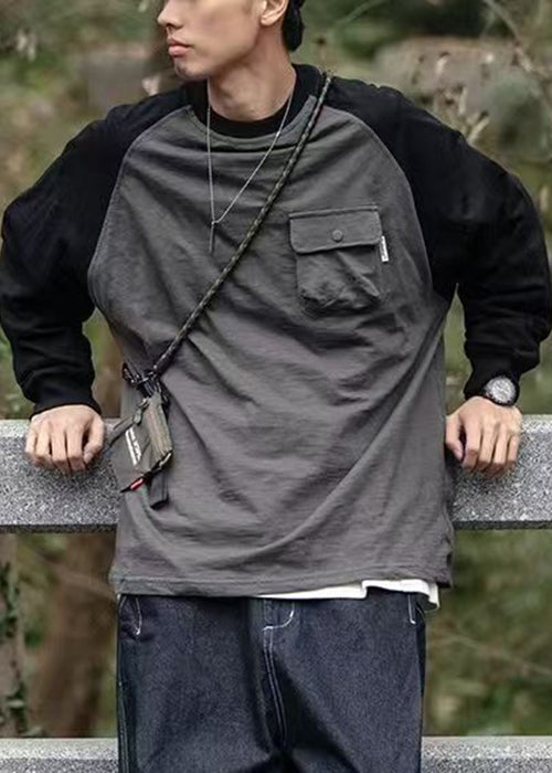 Shirts Dark Patchwork Men Neck O Casual Gray T Cotton Pockets