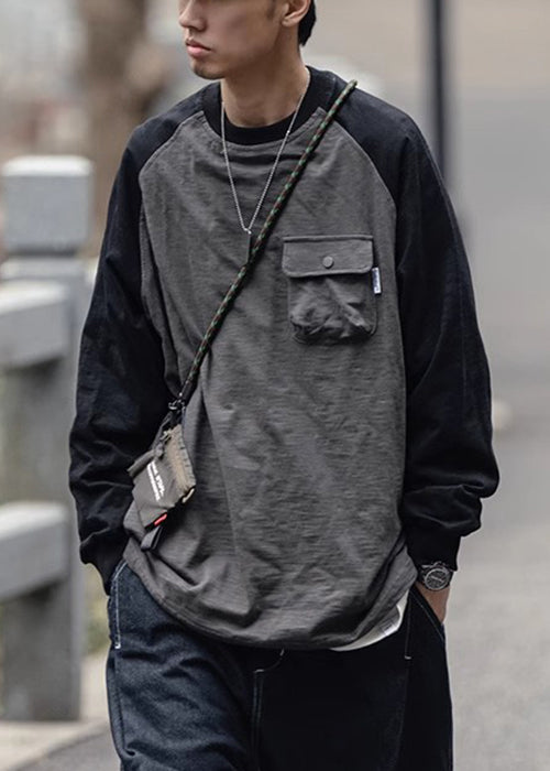 Shirts Dark Patchwork Men Neck O Casual Gray T Cotton Pockets