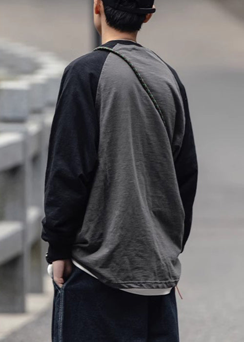 Shirts Dark Patchwork Men Neck O Casual Gray T Cotton Pockets