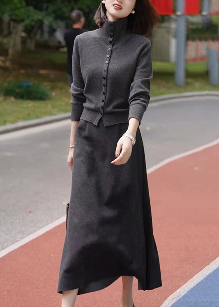 Casual Dark Grey Stand Collar Cotton Knit Cardigans And Maxi Skirts Two Piece Set Winter RF035