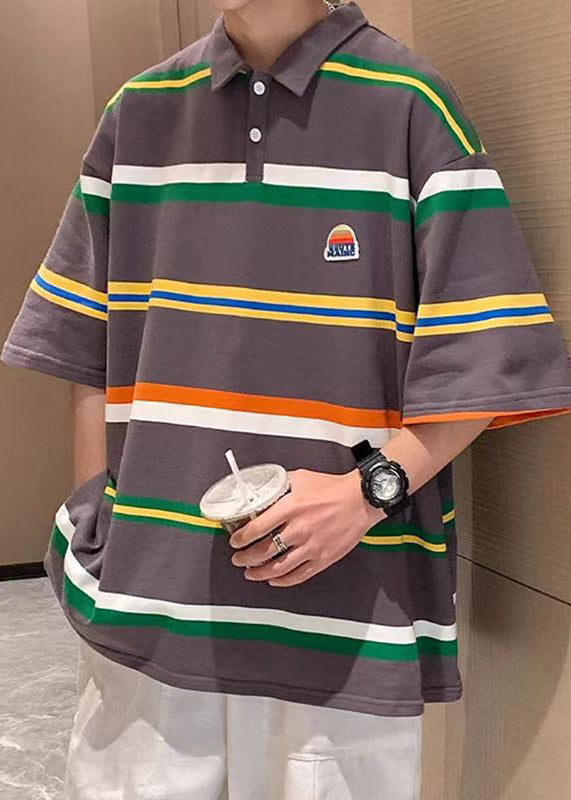 Casual Dark Grey Striped Cotton Men Polo T Shirt Summer QH013