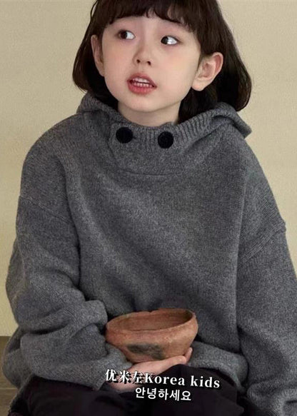 Casual Dark Grey Thick Patchwork Cotton Knit Kids Hooded Sweater Spring TP034