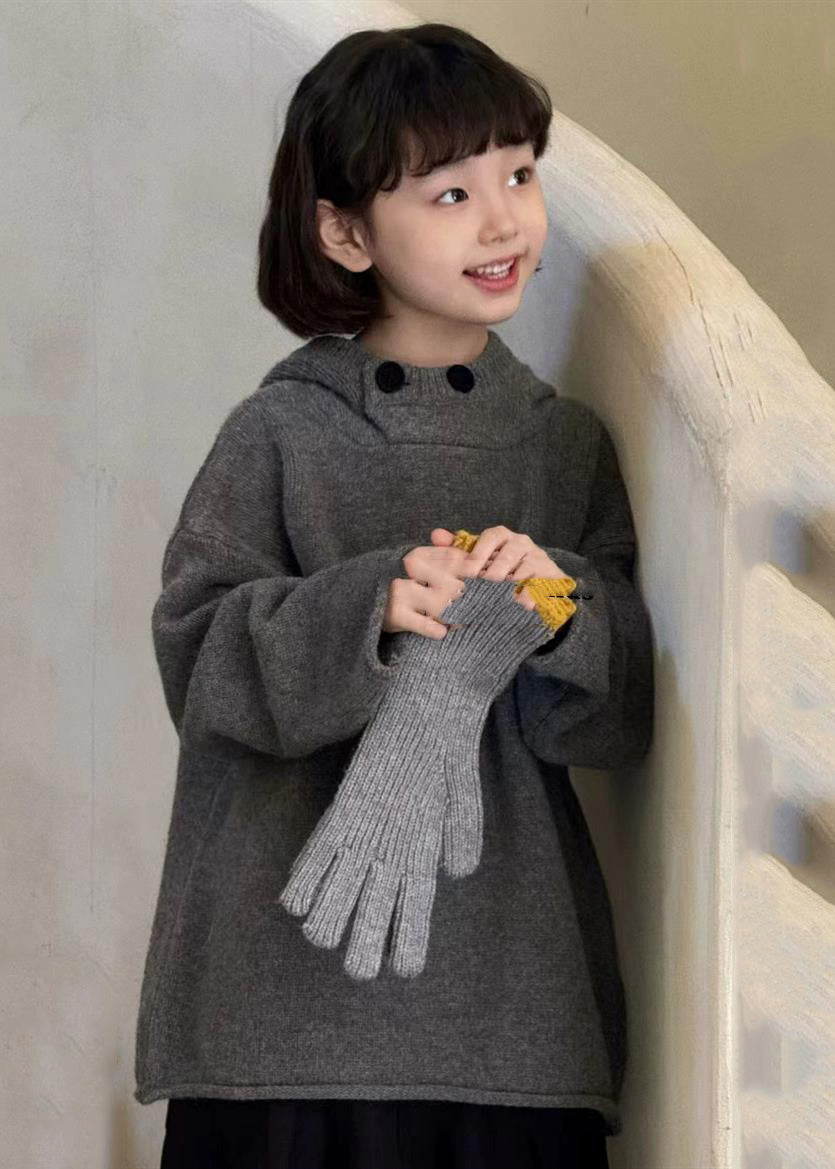 Casual Dark Grey Thick Patchwork Cotton Knit Kids Hooded Sweater Spring TP034