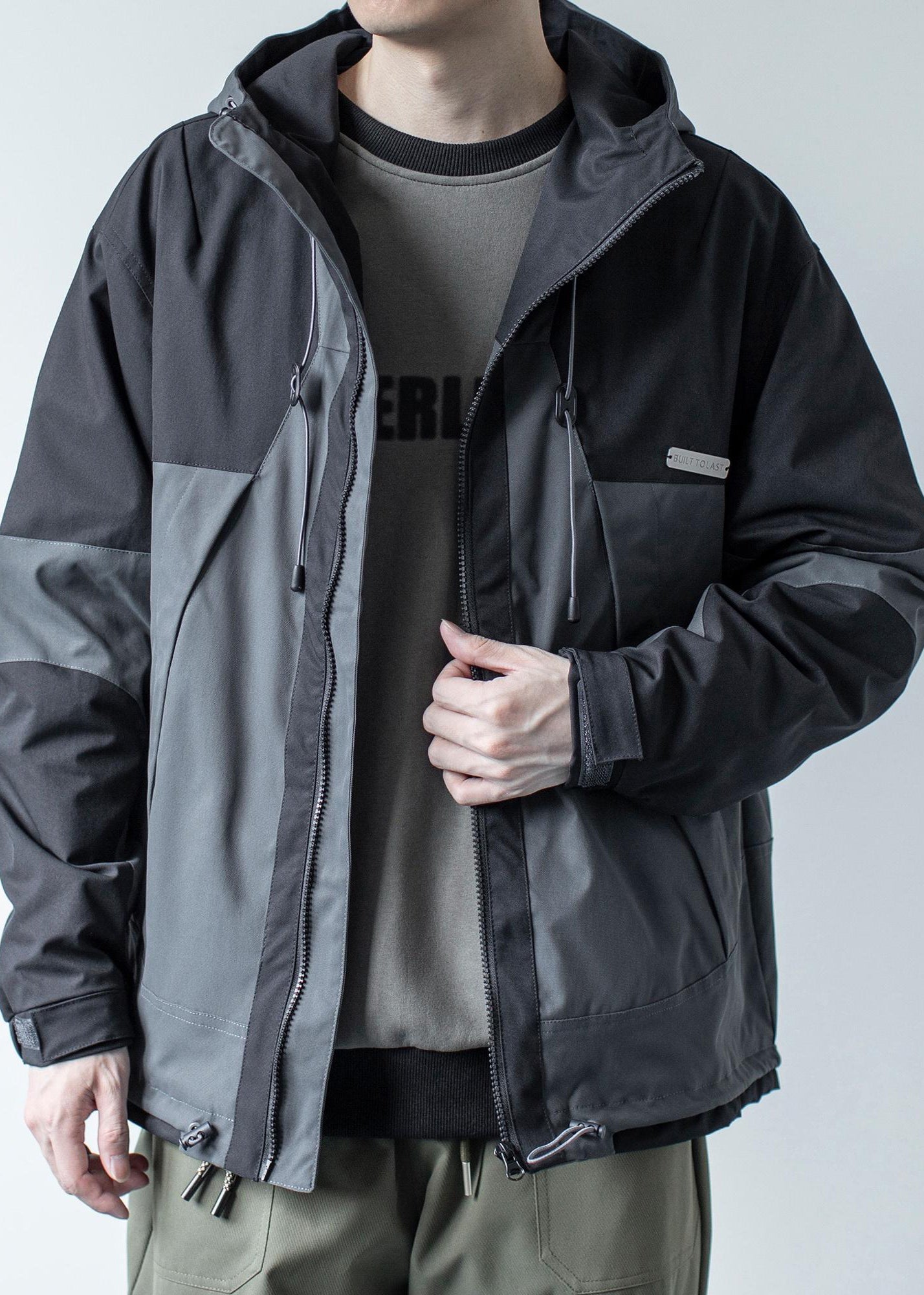 Cotton Khaki Casual Patchwork Hooded Coat Dark Pockets Spring Men