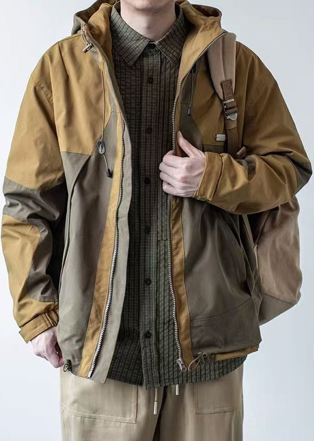 Cotton Khaki Casual Patchwork Hooded Coat Dark Pockets Spring Men