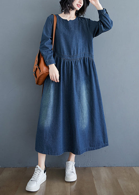 Casual Denim Blue Patchwork Long Dress Long Sleeve GH1072