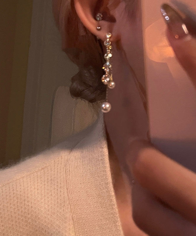 Copper Tassel Earrings Gold Drop Zircon Casual Pearl Alloy