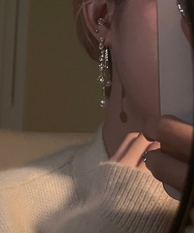 Copper Tassel Earrings Gold Drop Zircon Casual Pearl Alloy