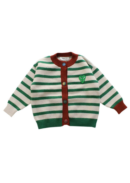 Casual Green O-Neck Striped Button Cotton Knit Kids Cardigan Winter WL035