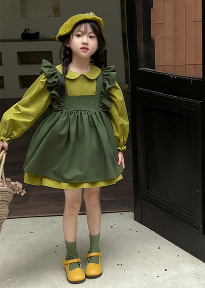 Casual Green Peter Pan Collar Ruffled Kids Long Waistcoat And Mid DressTwo Pieces Set Long Sleeve SS1033