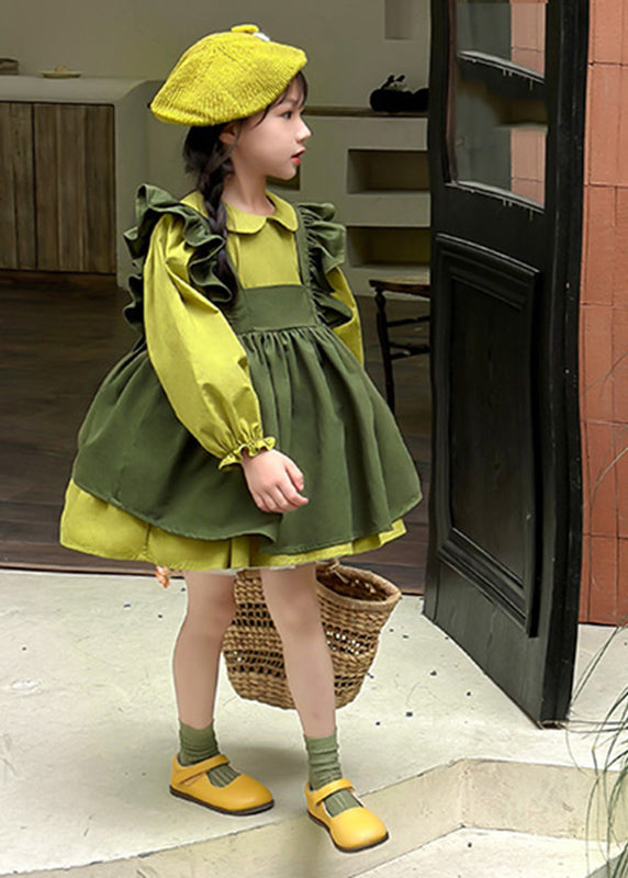 Gilet long à volants et robe mi-longue pour enfants, ensemble deux pièces à manches longues, col Peter Pan, vert décontracté, SS1033