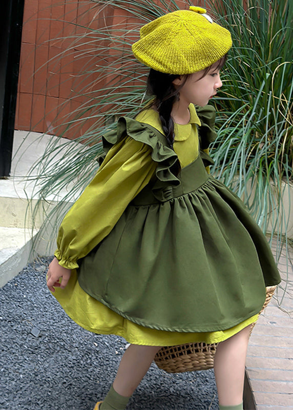 Casual Green Peter Pan Collar Ruffled Kids Long Waistcoat And Mid DressTwo Pieces Set Long Sleeve SS1033