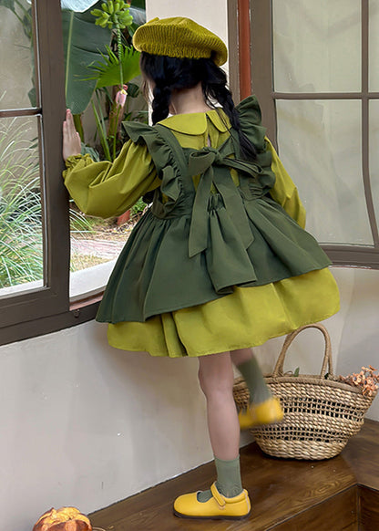 Casual Green Peter Pan Collar Ruffled Kids Long Waistcoat And Mid DressTwo Pieces Set Long Sleeve SS1033