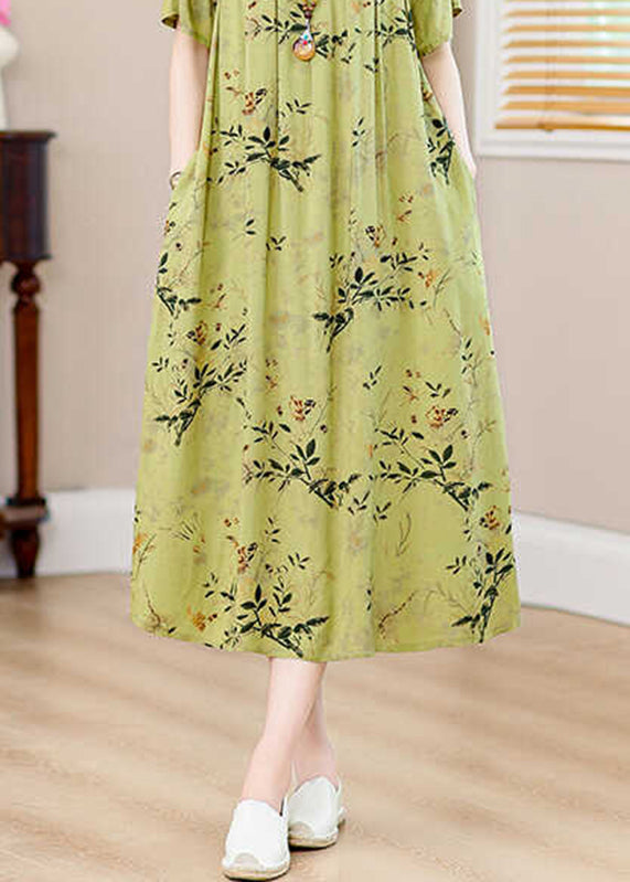 Casual Green Print Pockets Silk Cotton Long Dresses Summer QB013