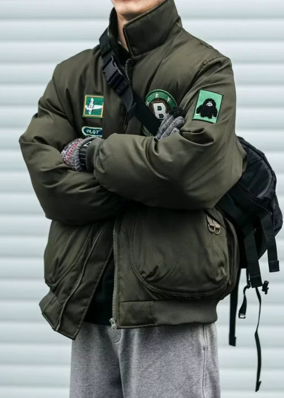 Pockets Stand Parkas Casual Men Collar Green TC003 Patch Spring
