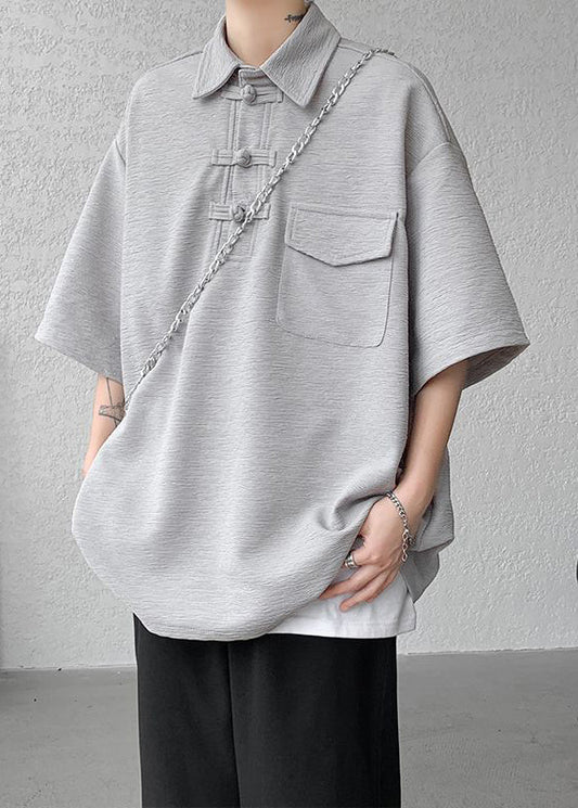 Polo gris décontracté surdimensionné à poches et boutons en coton pour homme