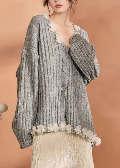 Casual Grey Button Tulle Patchwork Cotton Knit Cardigan Winter WN006