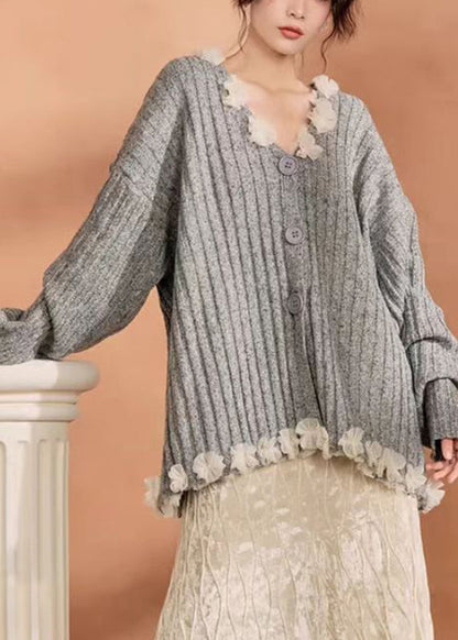 Casual Grey Button Tulle Patchwork Cotton Knit Cardigan Winter WN006