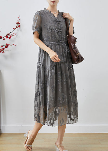 Casual Grey Cinched Jacquard Chiffon Dress Summer AP1068