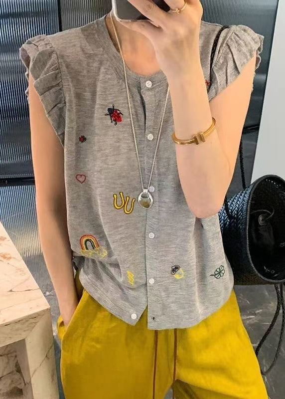Sleeveless Casual Embroideried Button Down Cotton Grey Vests