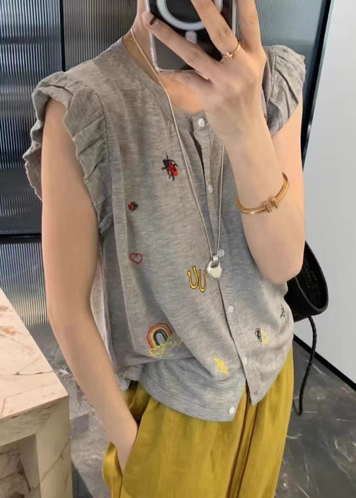 Sleeveless Casual Embroideried Button Down Cotton Grey Vests