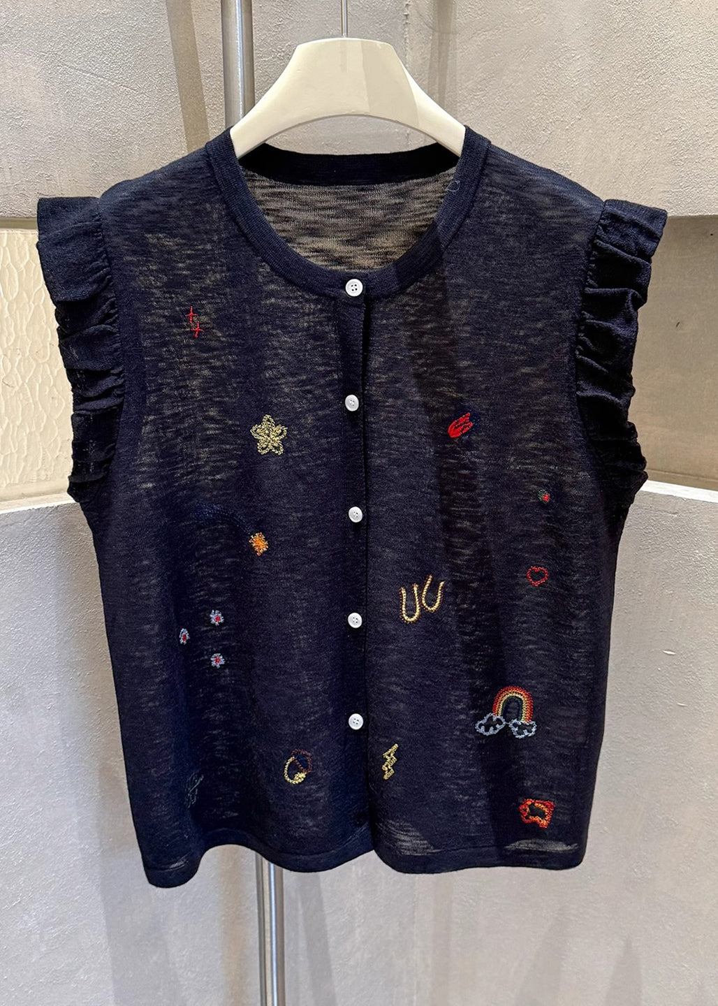 Sleeveless Casual Embroideried Button Down Cotton Grey Vests