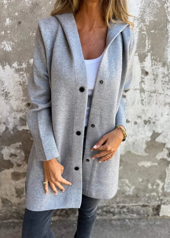 Manteau décontracté en coton gris à capuche et poches boutonnées pour l'automne QY025