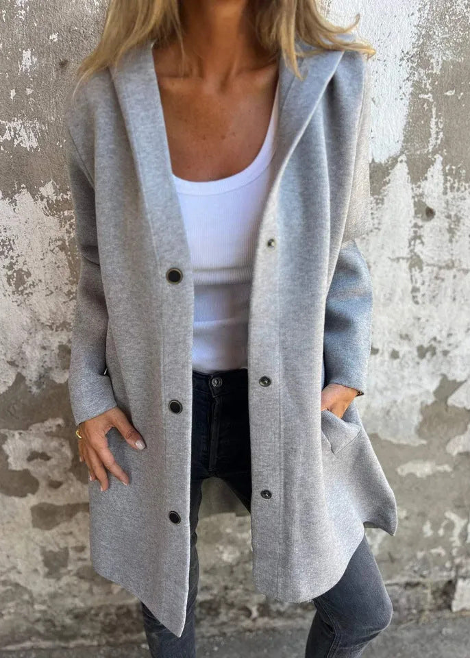 Manteau décontracté en coton gris à capuche et poches boutonnées pour l'automne QY025