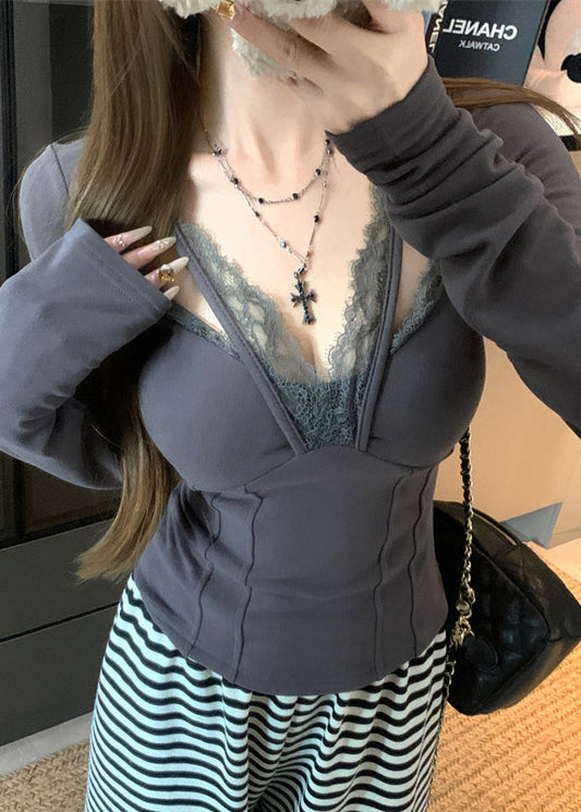 Hauts dos nu décontractés en dentelle patchwork gris printemps YF024