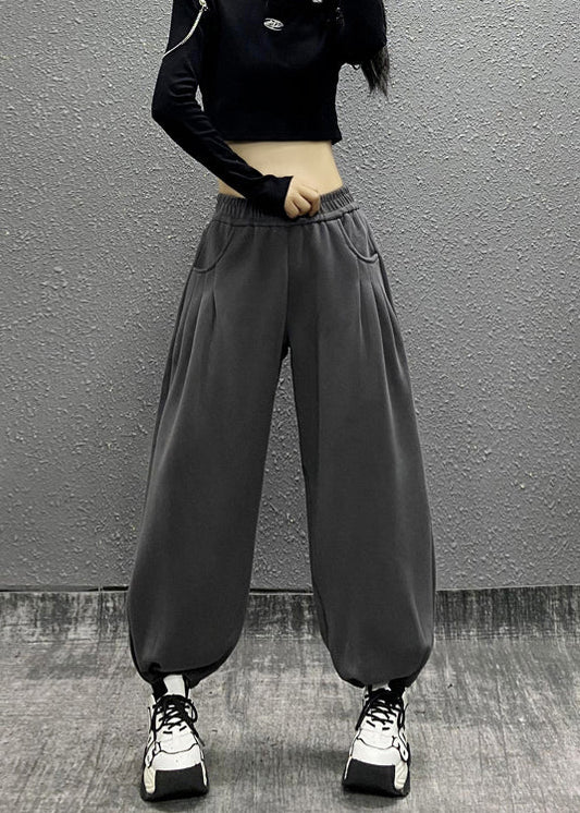 Casual Grey Pockets Elastic Waist Cotton Beam Pants Fall RI014