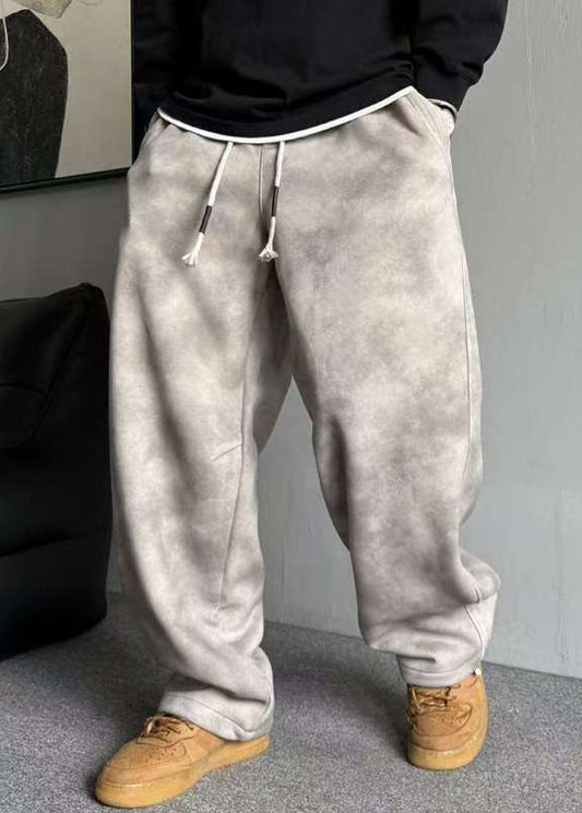 Casual Grey Pockets Elastic Waist Warm Fleece Men Pants Spring RM035