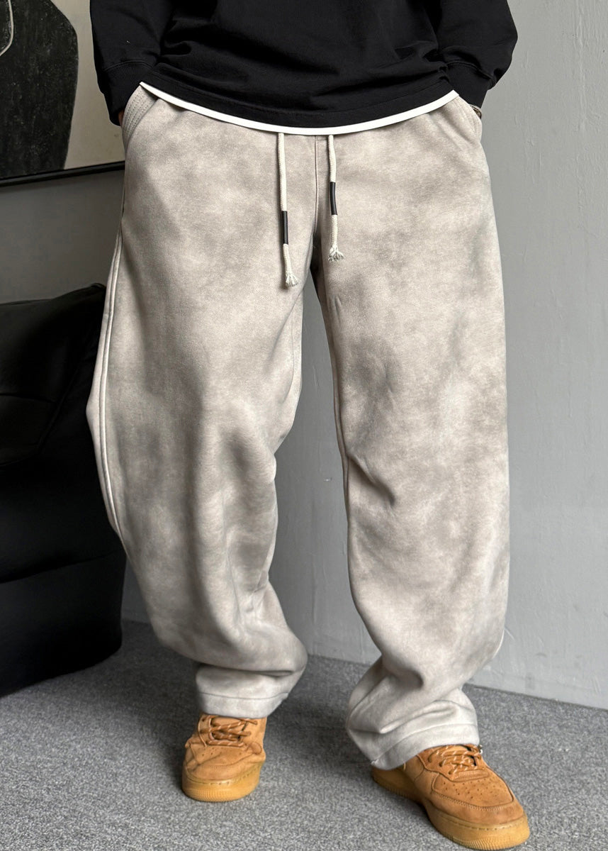 Casual Grey Pockets Elastic Waist Warm Fleece Men Pants Spring RM035